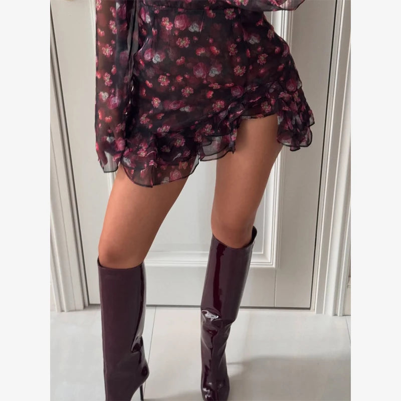 Sexy Flora Painted Ruffle Slim Dress Women Elegant Full Sleeves A-line Short Dresses 2026 Lady Summer Party Holiday Robes