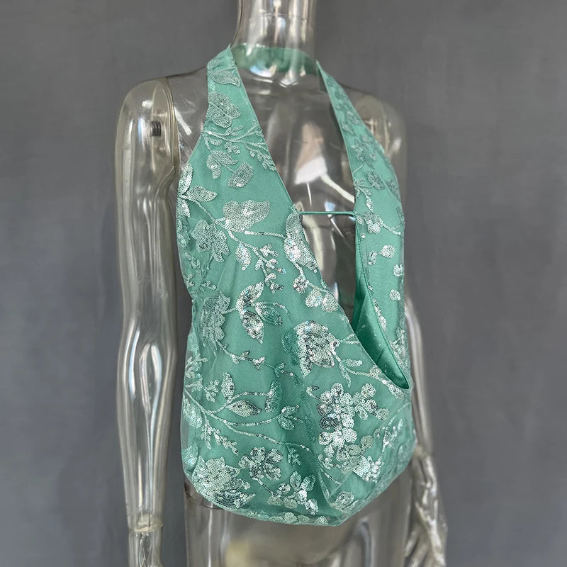 DGLUKE Green Sequin Top Women V-Neck Backless Crop Tops Summer Halter Neck Tank Top Camisole Sexy Glitter Shiny Club Party Tops