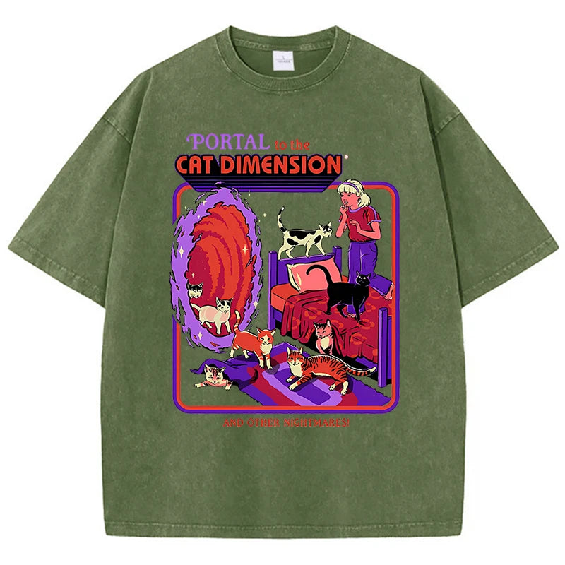 Portal To The Cat Dimension Washed Retro Men Clothes Fashion Summer T-Shirts Streetwear Cotton Loose Tops Breathable Tee Couple