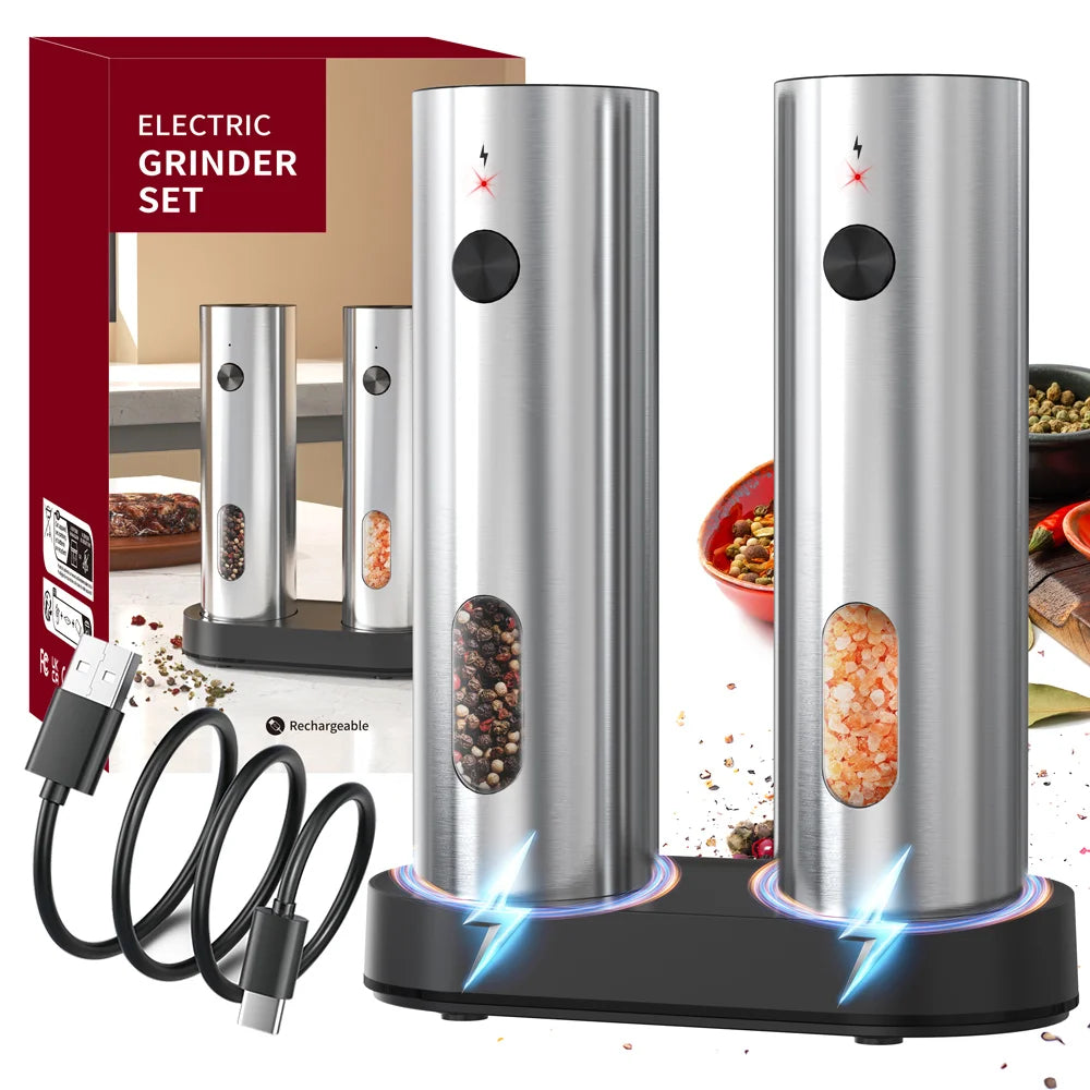USB Rechargeable Automatic Pepper Grinder Salt And Pepper Mill Adjustable Coarseness Spice Grinder with LED Light for Kitchen