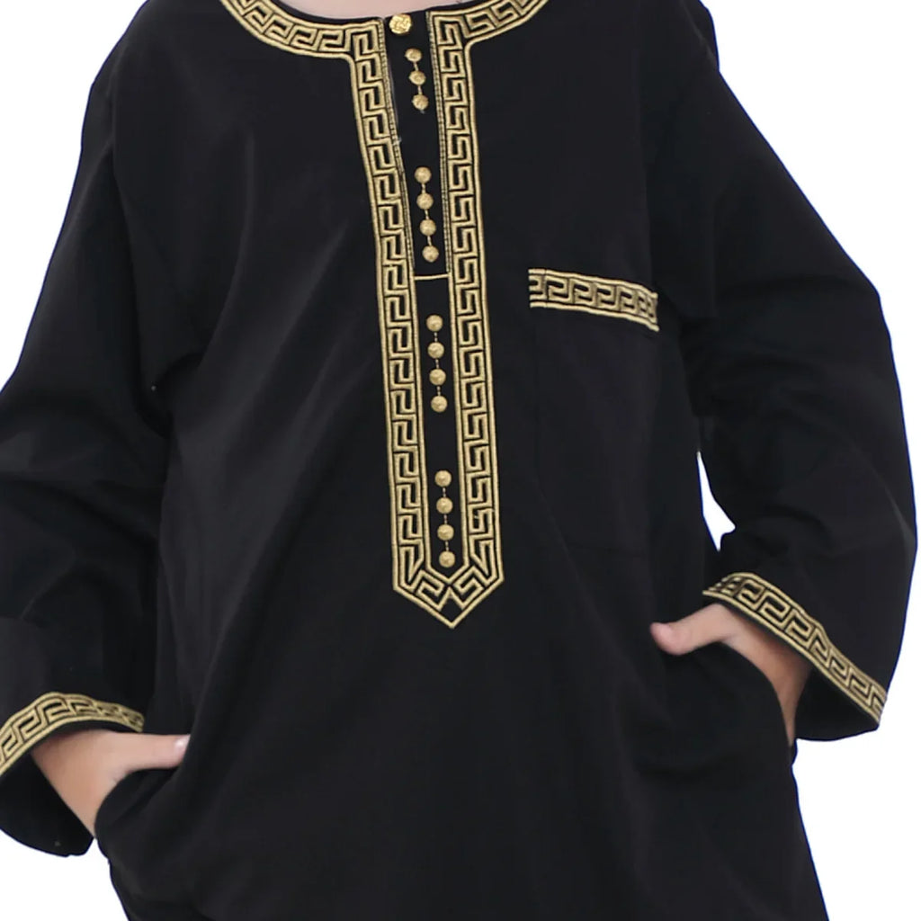 Muslim Children Robe 2 Pieces Set Kids Boy Round Neck Long Sleeve Printed Dress Shirt Abaya Kaftan Jubba Thobe Islamic Clothing
