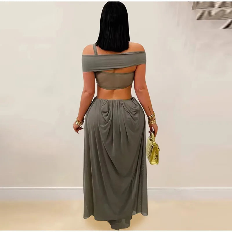 Sexy Beach Long Dress Women Hollow Out Backless Fold A Line Vestidos Female 2025 Summer Fashion Chic Solid High Waist Dresses