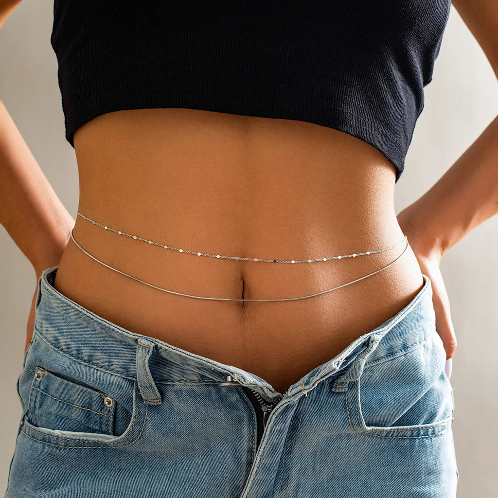 2Pcs/Set Simple Boho Smooth Snake Chain Waist Belt Sexy Lingerie Women Rhinestone Belly Body Jewelry Bikini Summer Accessories