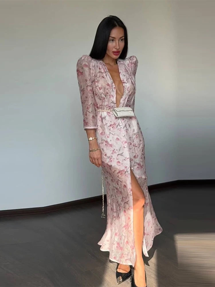 Floral Print Sheer Chiffon Dress Deep V-neck Single Breasted Split Bodycon Mermaid Gown 2026 Summer Chic Elegant Party Dresses