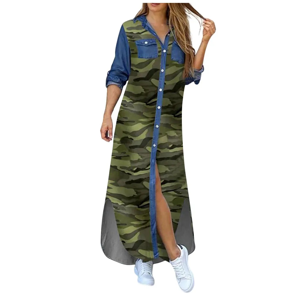New Autumn Long Dress Long Sleeve Shirt Dress Women Denim Long Dresses Pocket Button Shirt Print Dress Casual Loose Dresses 2023