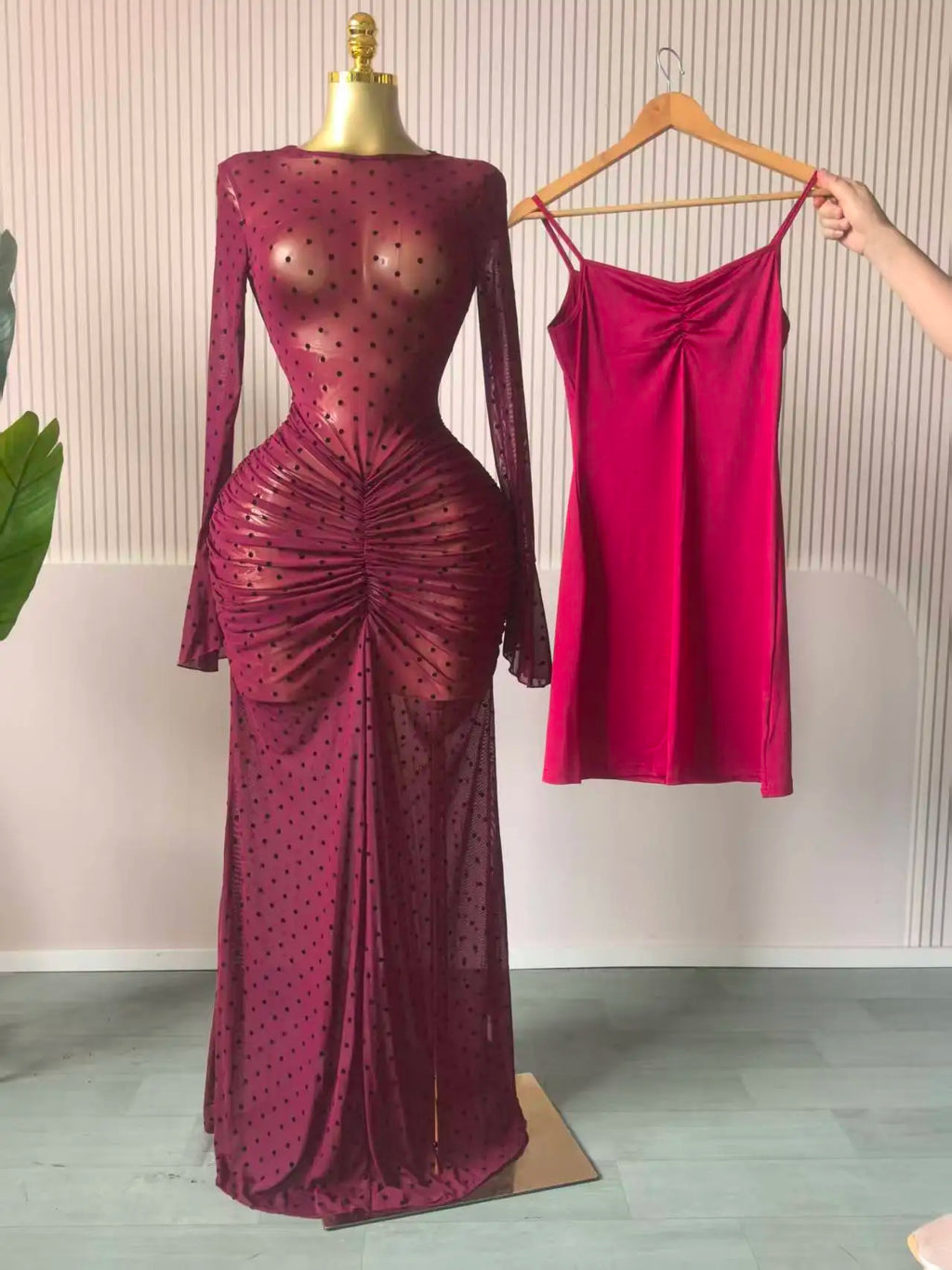 CM.YAYA Women Flare Long Sleeve Stacked Dot Mesh See Though with Lining Maxi Long Dress 2025 Evening Birthday Sexy Party Dresses