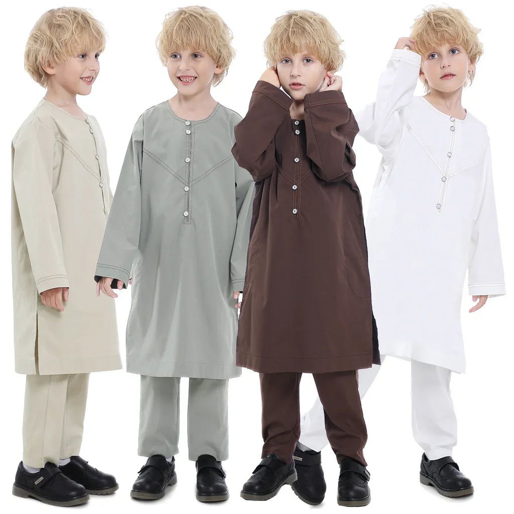 Muslim Children Robe 2 Pieces Set Kids Boy Round Neck Long Sleeve Printed Dress Shirt Abaya Kaftan Jubba Thobe Islamic Clothing