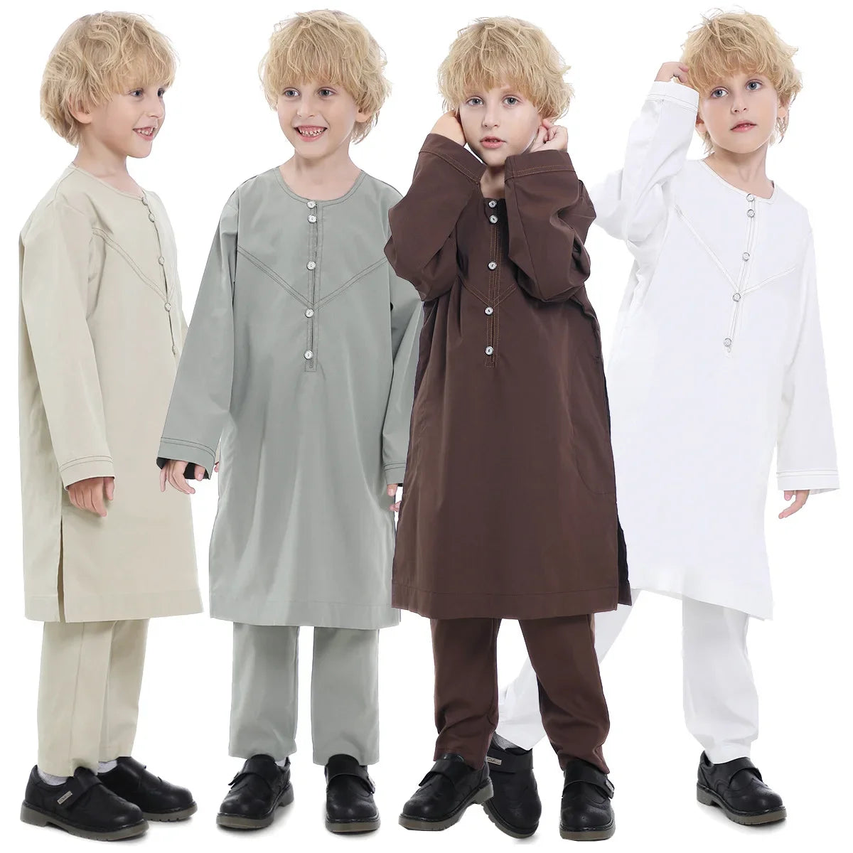 Muslim Children Robe 2 Pieces Set Kids Boy Round Neck Long Sleeve Printed Dress Shirt Abaya Kaftan Jubba Thobe Islamic Clothing