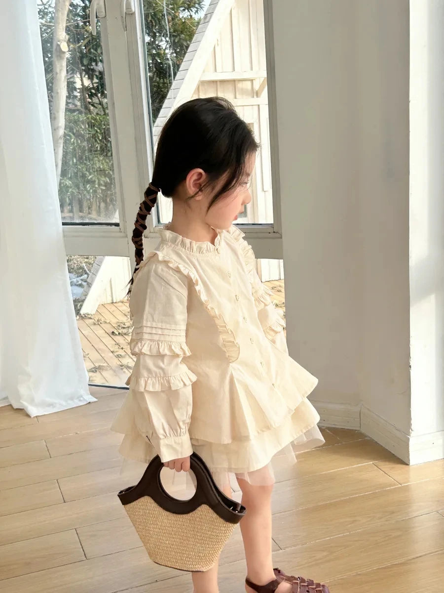 Children Clothing 2024 Spring New Retro Korean Style Shirt Set Girls Small Stand Collar Lace Shirt Culottes Sweet Two-piece Set