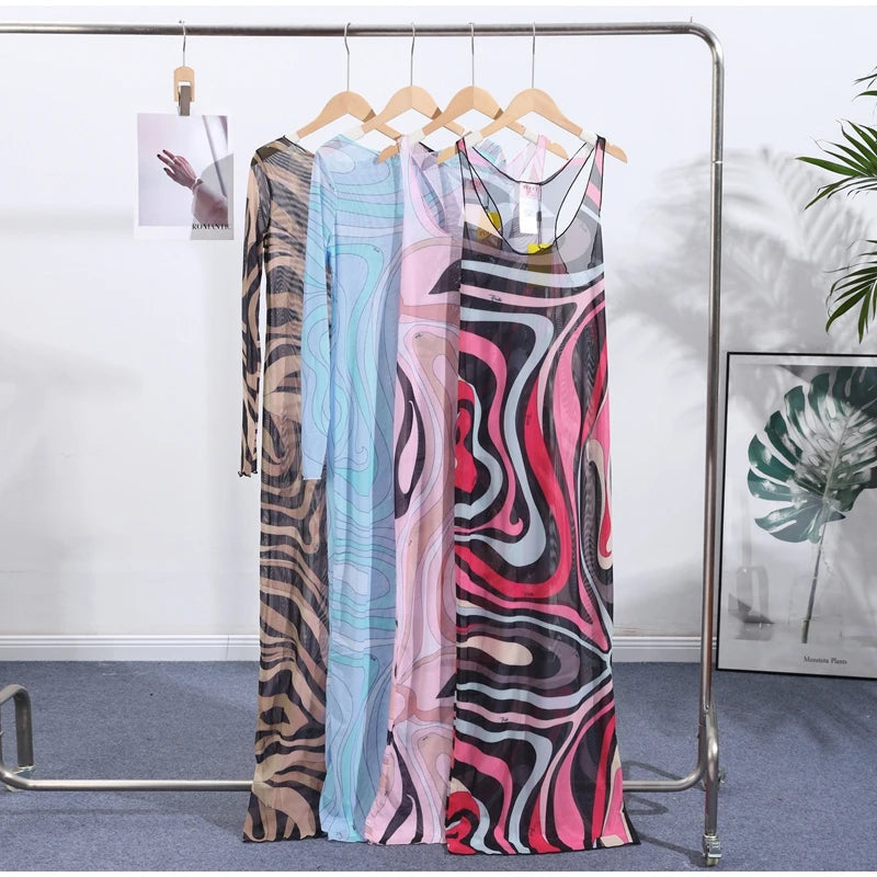 2025 New Fashion Print Beach Long Dress Summer Women Spaghetti Strap Dress Long Sleeve O-Neck Dresses Summer New Lady Robes