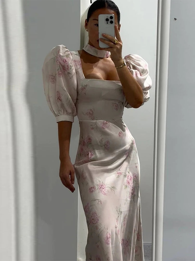Women Dress Floral Print Satin Choker Neck Puff Sleeve Peplum Waist Maxi Dresses Elegant Vintage Beach Party Bodycon For Ladies