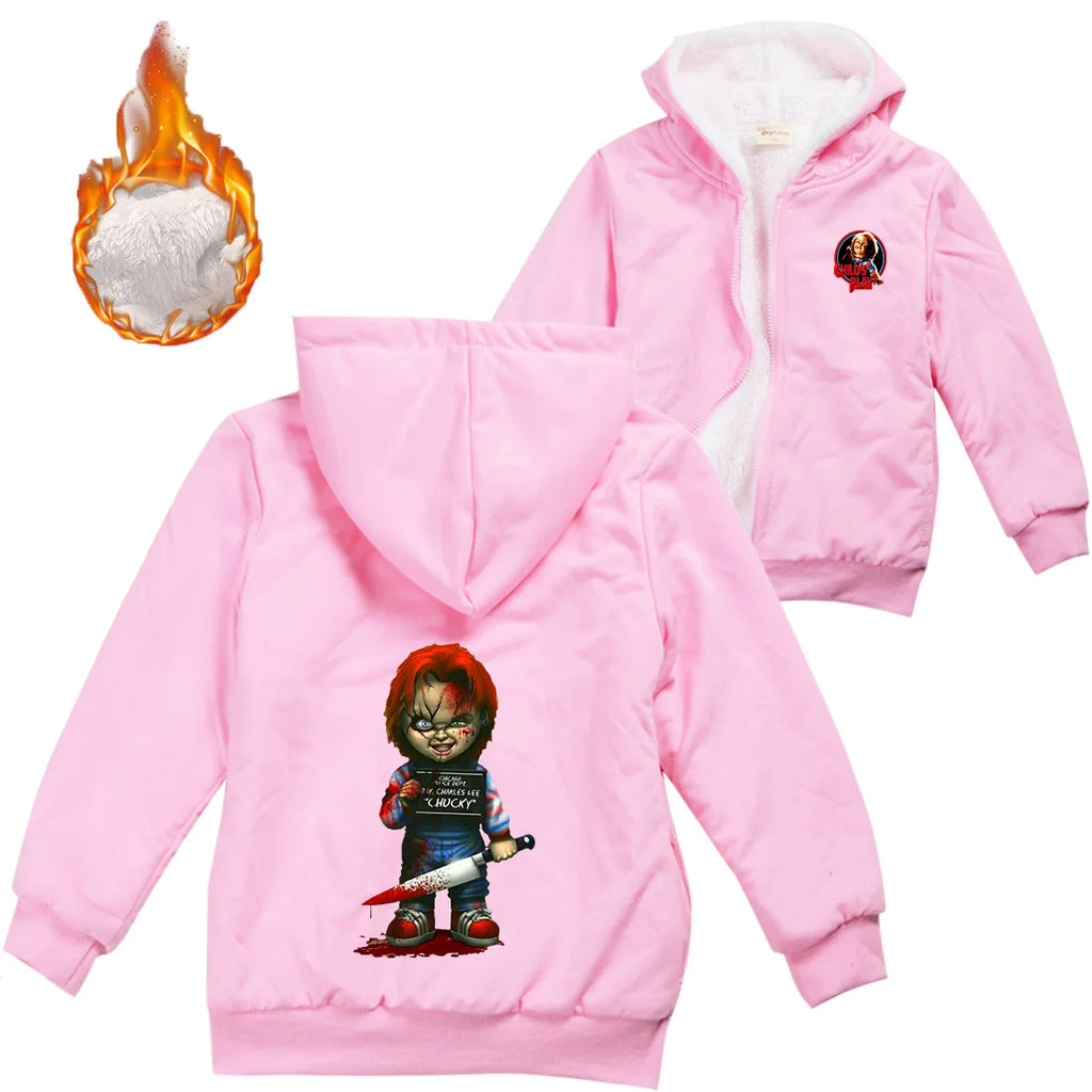 Child's Play Chucky Warm Winter Jacket For Boys Girls with Zipper Children Coat Thicken Hooded Sweater Kids Outerwear