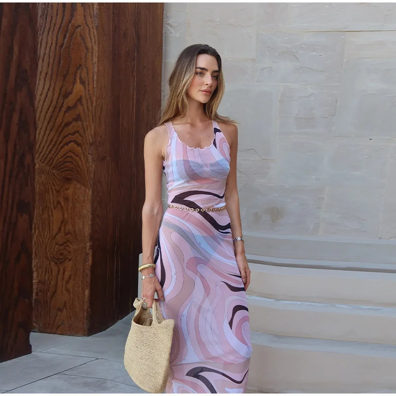 2025 New Fashion Print Beach Long Dress Summer Women Spaghetti Strap Dress Long Sleeve O-Neck Dresses Summer New Lady Robes