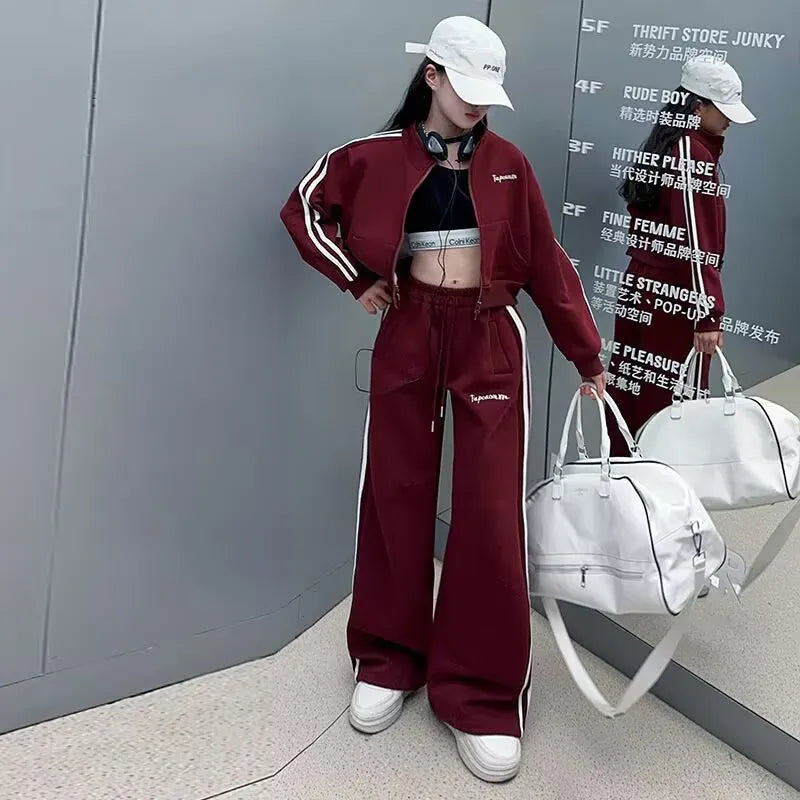 2026 autumn girls Clothes Children Suit Teenager zipped jacket Narrow crop top + wide leg high waist pants 4 5 8 10 11 12 year
