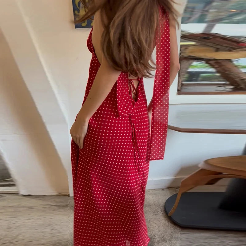 Women Polka Dot Summer Dress with Scarf Coquette Y2k V Neck Tie Back Spaghetti Strap Maxi Dresses 2025 Slim Fit A Line Beachwear