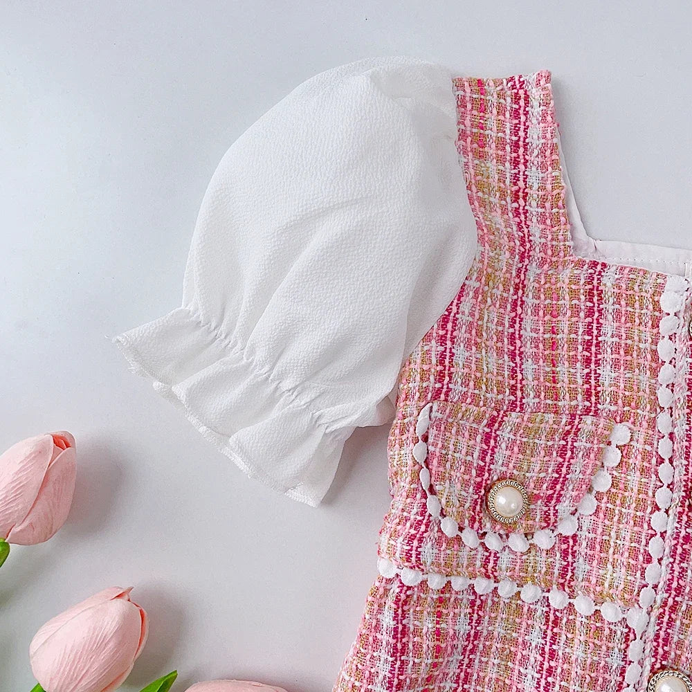 2-7 Years Children Summer Fashion Pearl Button Decoration Puff Sleeve Square Collar Princess Dress1 Pc Girls Party Sweet Clothes