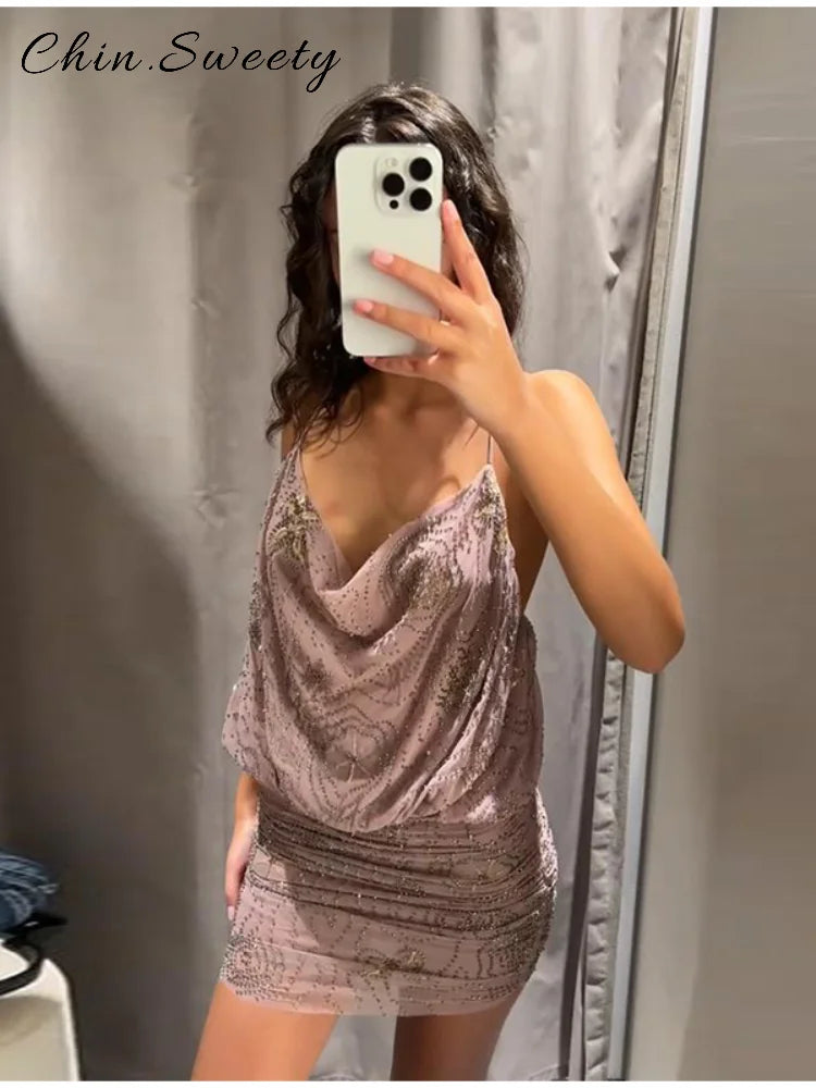 Sexy Beading Sequined Sling Long Dress Women Loose Solid V-neck Sleeveless Ruffled Shiny Dresses 2025 Summer Lady Evening Robes