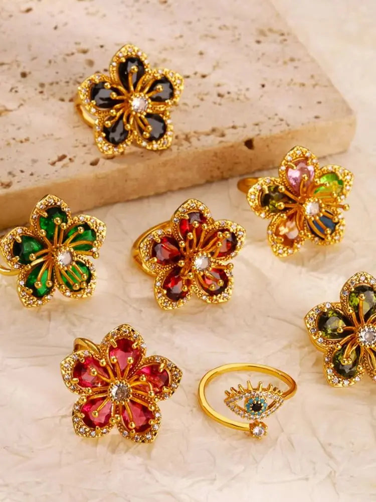 Colorful Zircon Flower Rings For Women Gold Color Stainless Steel Floral Ring Elegant Luxury Wedding Aesthetic Jewelry Gift