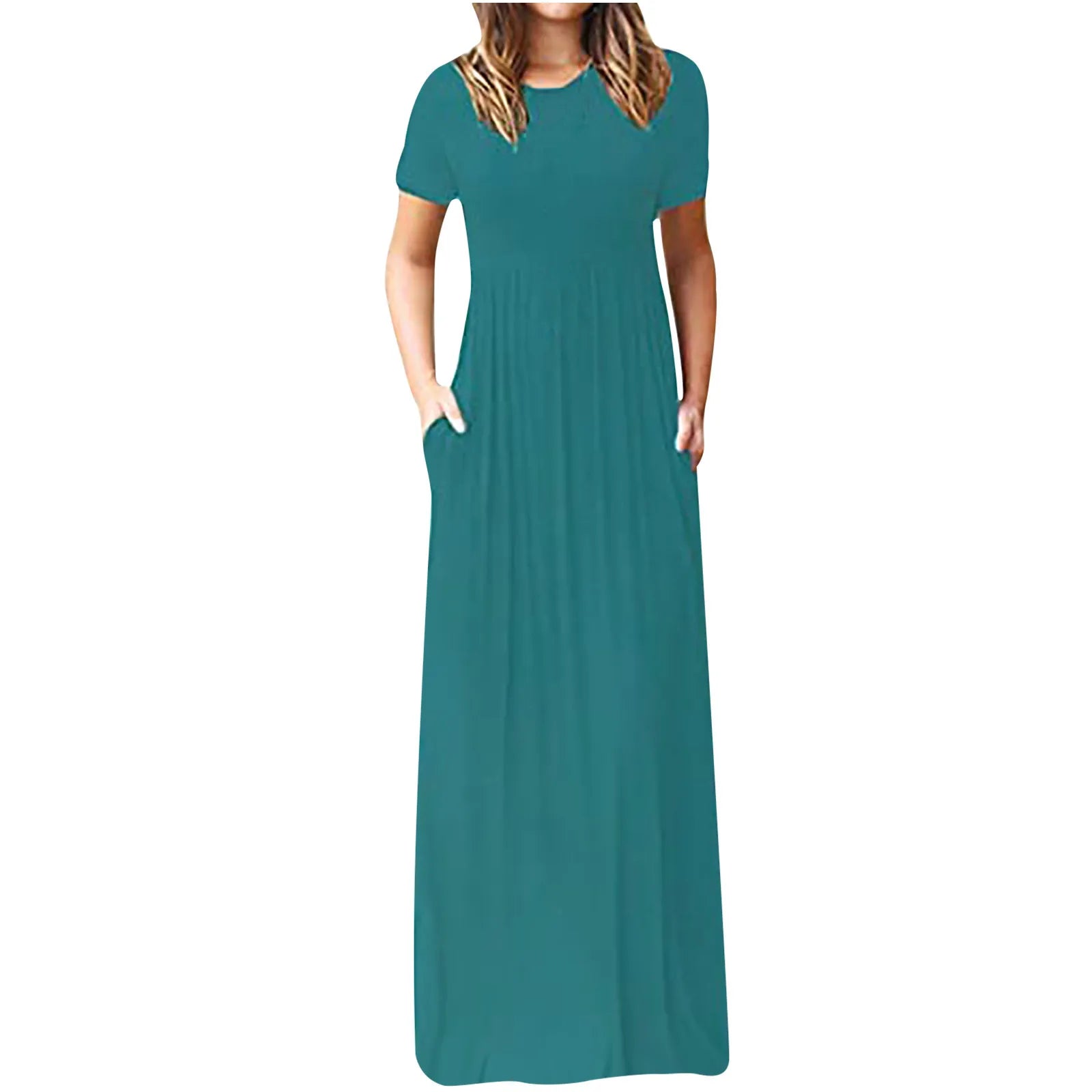 Women Summer Dress Casual Solid Color O Neck Loose Short Sleeve Pocket floor-length Long Woman Maxi Dresses Vestidos SLBZ352