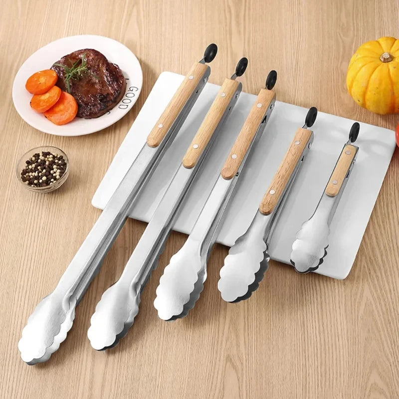 Leeseph Stainless Steel Food Tongs, Heavy Duty Kitchen Tongs with Wooden Handle for Cooking, Grilling and BBQ, 7-16 Inch Length