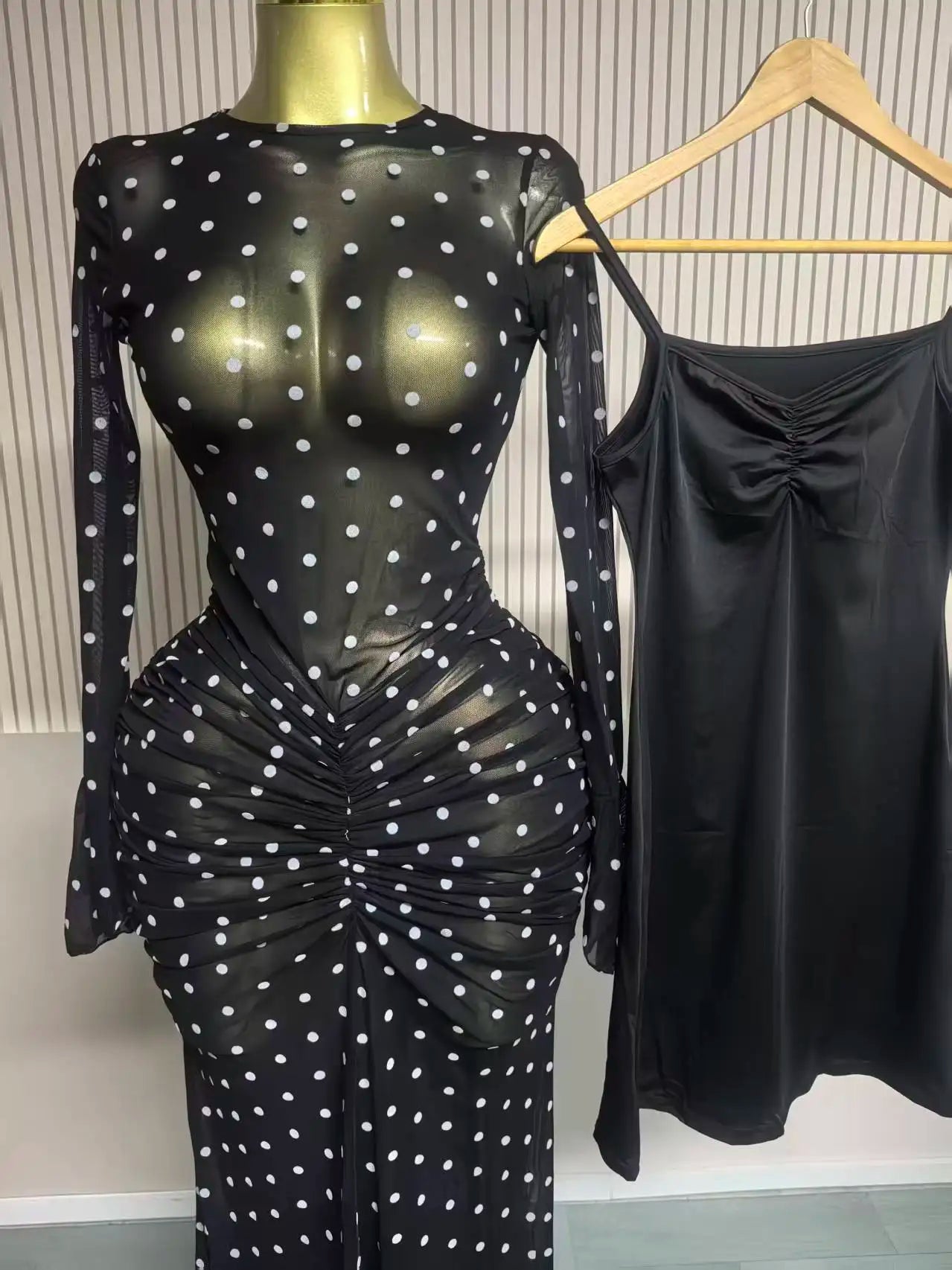 CM.YAYA Women Flare Long Sleeve Stacked Dot Mesh See Though with Lining Maxi Long Dress 2025 Evening Birthday Sexy Party Dresses