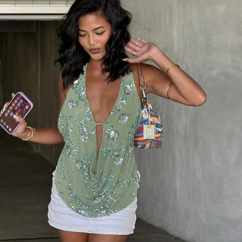 DGLUKE Green Sequin Top Women V-Neck Backless Crop Tops Summer Halter Neck Tank Top Camisole Sexy Glitter Shiny Club Party Tops