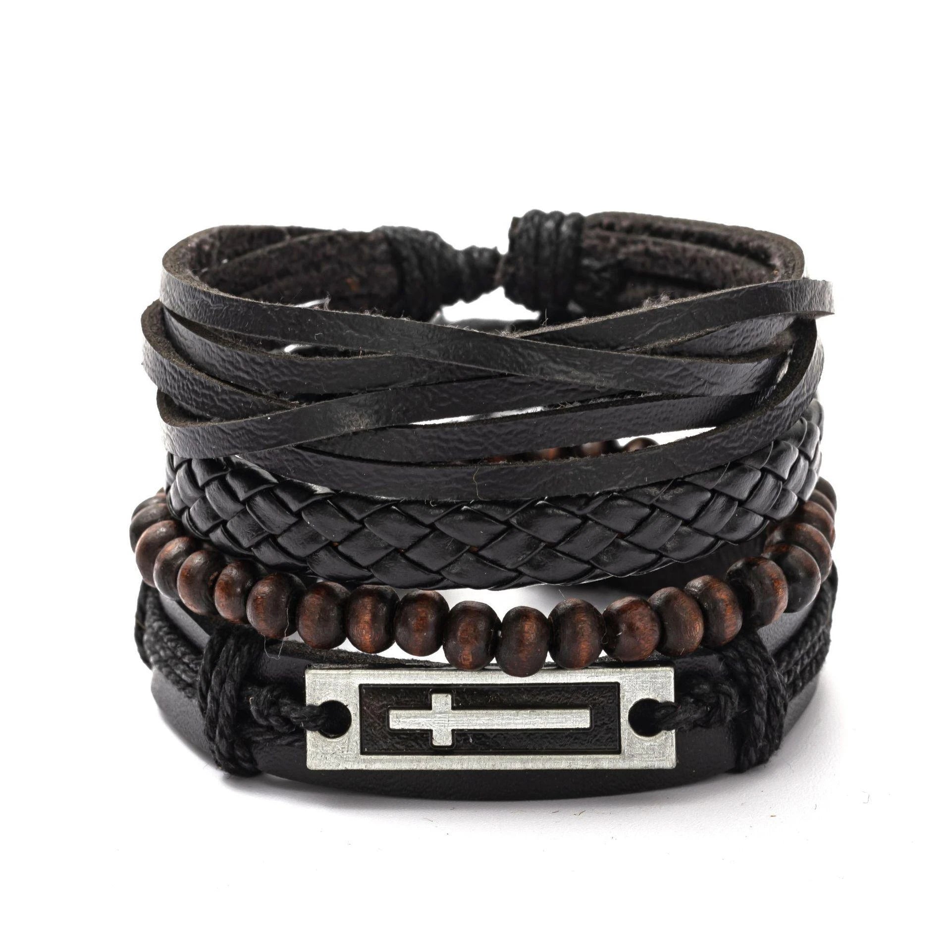 4Pcs/ Set Braided Wrap Leather Bracelets For Men Vintage Life Tree Rudder Charm Wood Beads Ethnic Tribal Wristbands