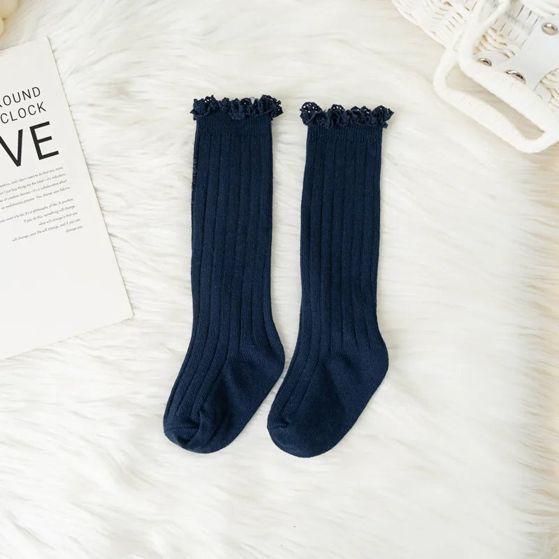 Ruffle Kids Knee High Socks Baby Girls Toddlers Long Soft Cotton Sock Lace Flower Children Princess Uniform Socks For 0-8Years