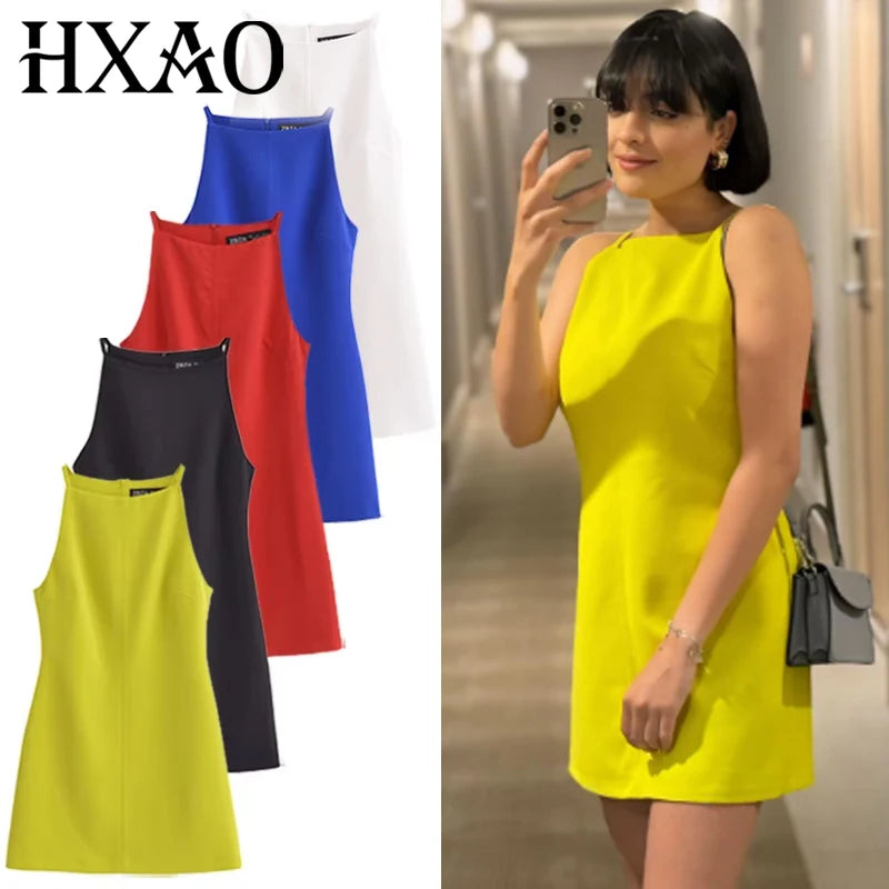 HXAO Women's Dress Summer 2025 Red Blue Black White Yellow Dress Off Shoulder Sleeveless Slip Dresses Vestidos Holiday Dress 066