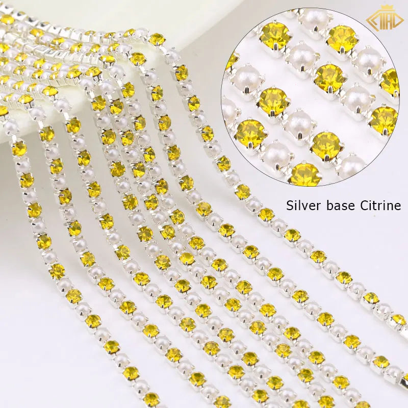 2Yards Pearl Rhinestones Copper Chain Silver/Gold Base Crystal Strass Gems Trim For DIY Sewing Clothes Dresses Accessories