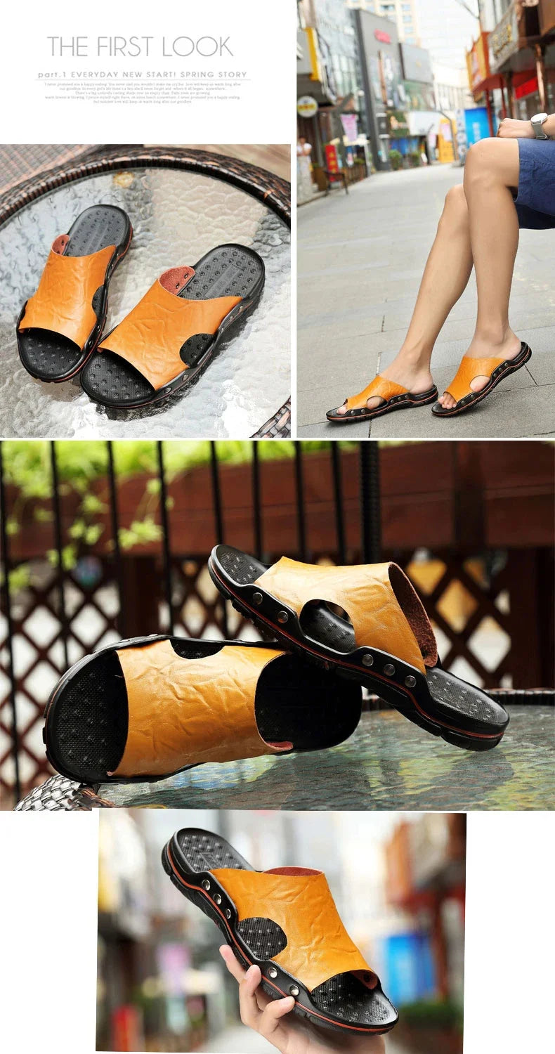 New Summer Slippers Men Sandals Soft Outdoor Slides High Quality Genuine Leather Comfortable Beach Sandals Outdoor Men Shoes
