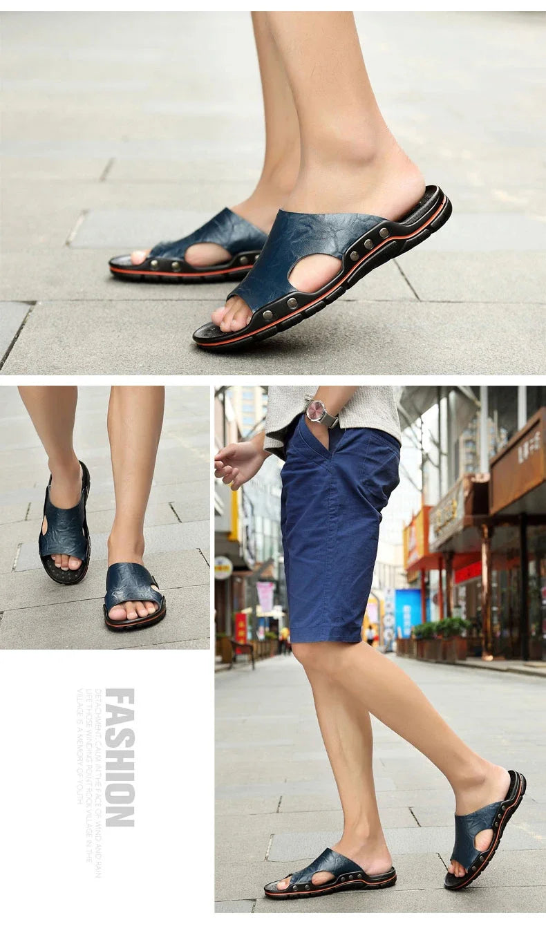 New Summer Slippers Men Sandals Soft Outdoor Slides High Quality Genuine Leather Comfortable Beach Sandals Outdoor Men Shoes