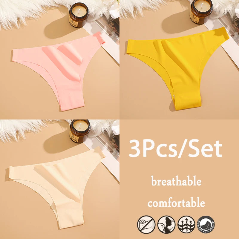 3Pcs/Set Ice Silk Seamless Underwear For Women Low Waisted Brazilian Pants Breathable High Elasticity Lingerie Intimates Panties
