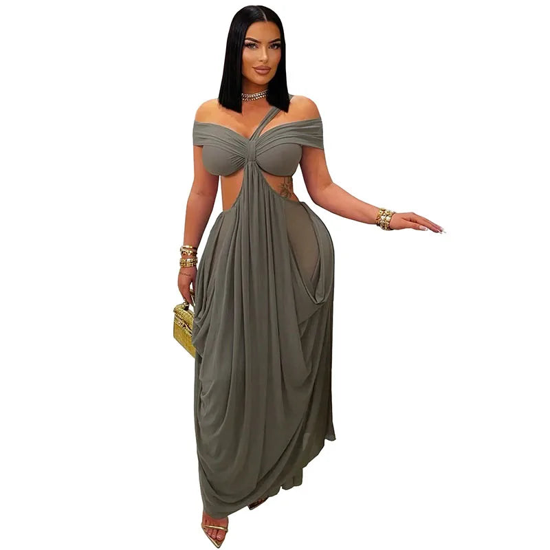 Sexy Beach Long Dress Women Hollow Out Backless Fold A Line Vestidos Female 2025 Summer Fashion Chic Solid High Waist Dresses