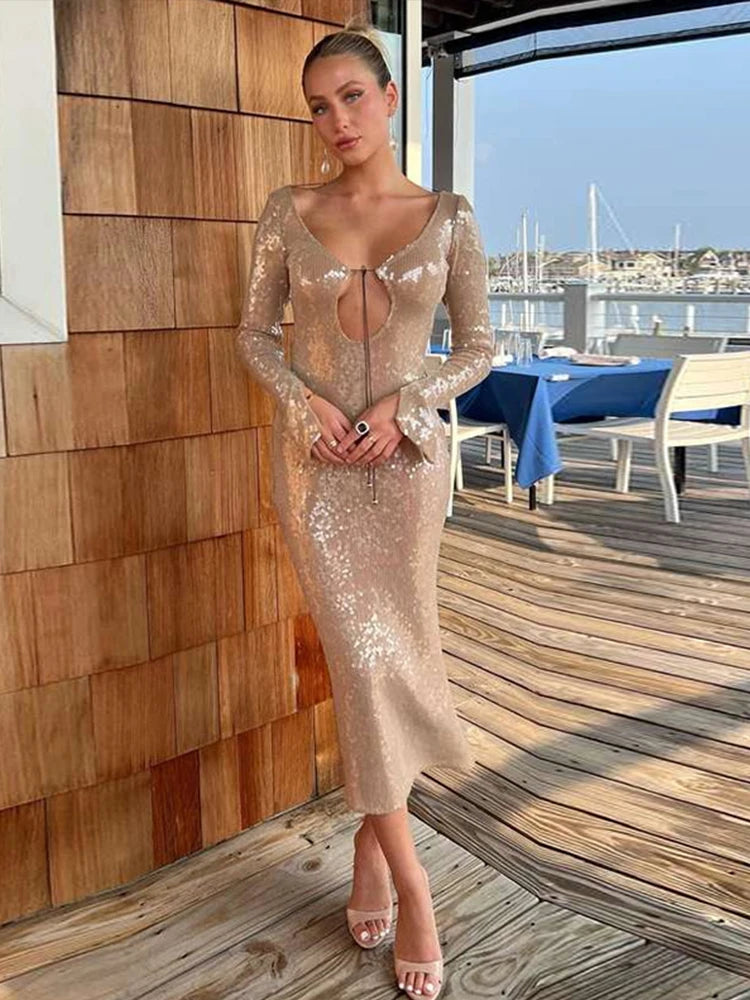 Sequin Lace Up Backless Long Dresses Deep V Flash Sparkling Sexy Long Sleeve Temperament Leakback Champagne Women Evening Dress