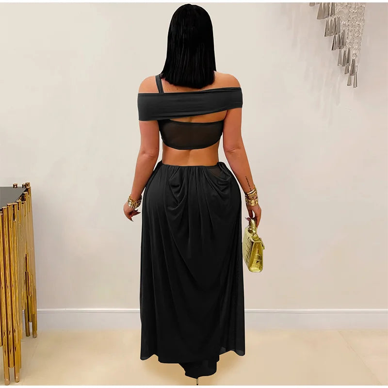 Sexy Beach Long Dress Women Hollow Out Backless Fold A Line Vestidos Female 2025 Summer Fashion Chic Solid High Waist Dresses