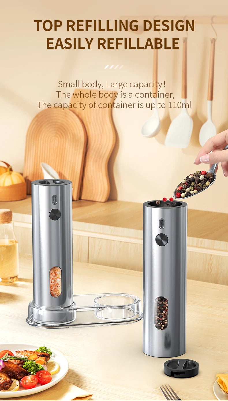 USB Rechargeable Automatic Pepper Grinder Salt And Pepper Mill Adjustable Coarseness Spice Grinder with LED Light for Kitchen