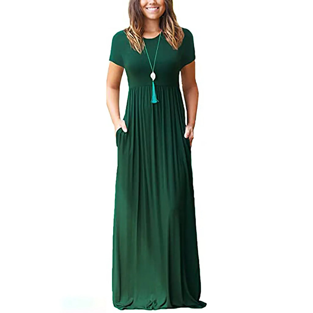 Women Summer Dress Casual Solid Color O Neck Loose Short Sleeve Pocket floor-length Long Woman Maxi Dresses Vestidos SLBZ352
