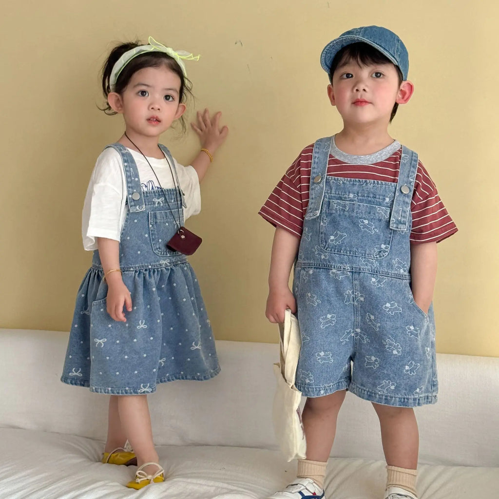 2026 Summer New Children Denim Overalls Boys Strap Jeans Girls Jeans Sling Dress Cute Kids Brother Sister Outfits Baby Clothes