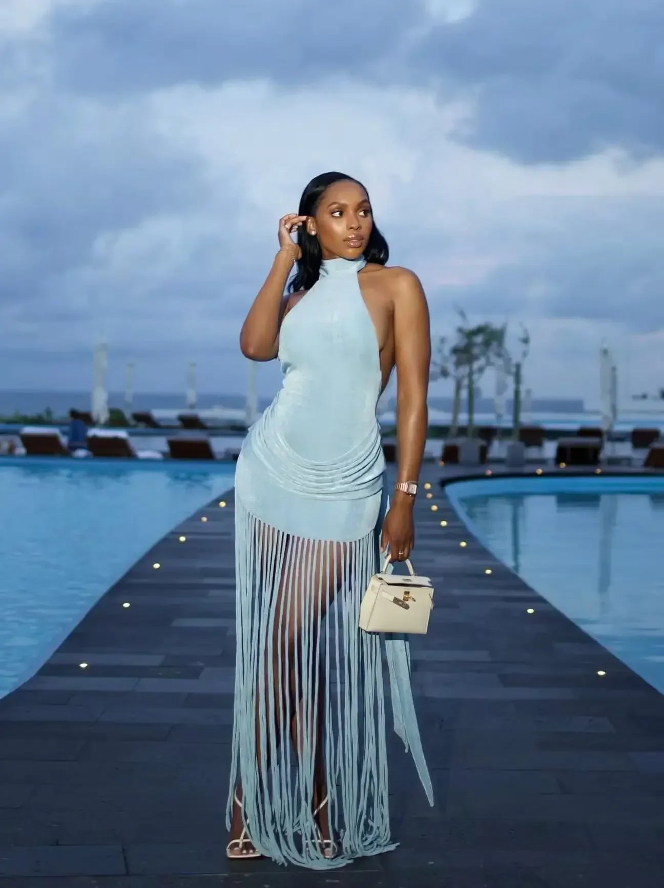 Women Elegant Tassel Halter Long Dress Off-shoulder Backless Waist Cinching Slim Dresses 2026 New Spring Evening Party Vestidos