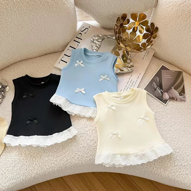 Girls Sleeveless T-shirt Fashion Comfortable Top Children Kids Clothing Bow Summer Vest Clothing