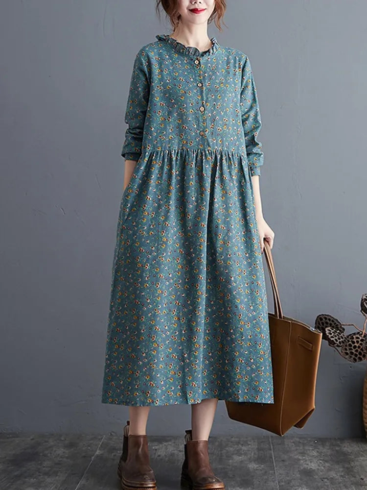 long sleeve cotton linen ruffle vintage floral new in dresses for women casual loose spring autumn dress elegant clothing 2026