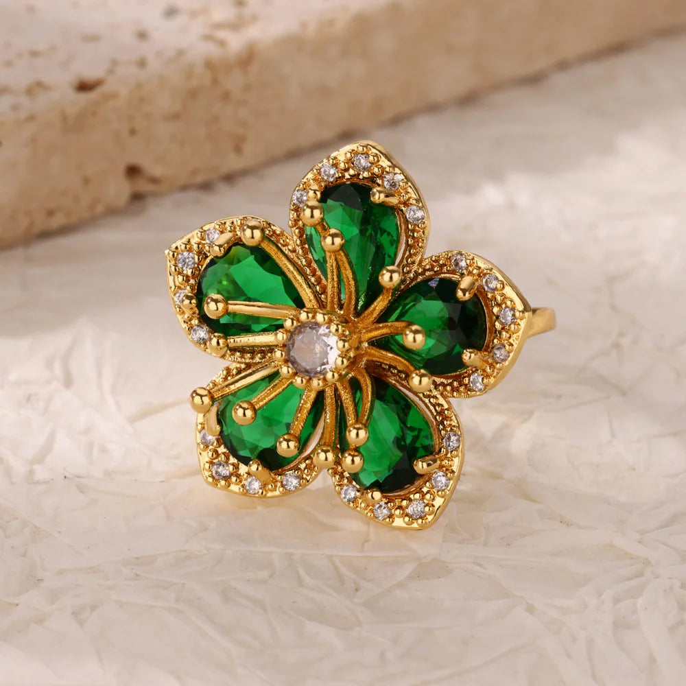 Colorful Zircon Flower Rings For Women Gold Color Stainless Steel Floral Ring Elegant Luxury Wedding Aesthetic Jewelry Gift