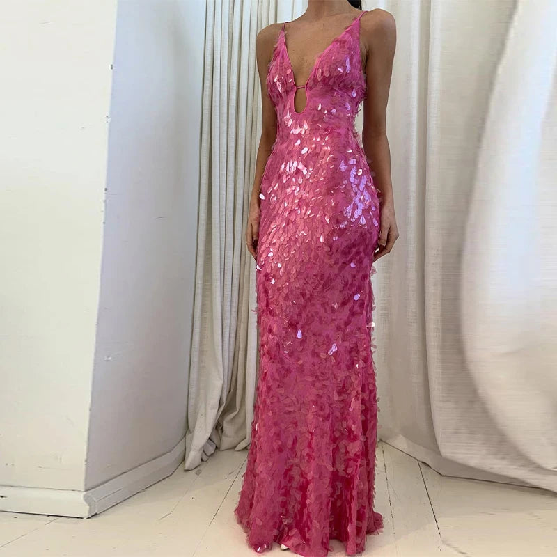 Sexy Sequined Women's Dress Hollow Out Backless V-Neck Slip Top Lady Long Dresses 2026 Spring Summer Female Holiday Robe New