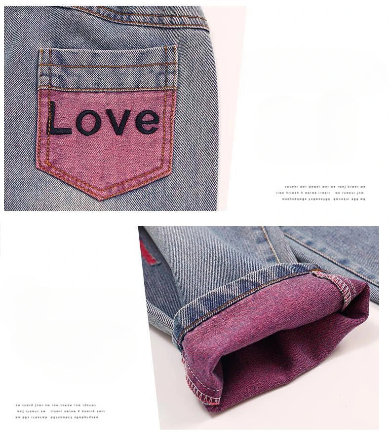 Girls Ripped Jeans Spring Autumn New Children Aging Denim Pants Fashion 2-10Y Kid's Straight Pants Cute Letter Trouser