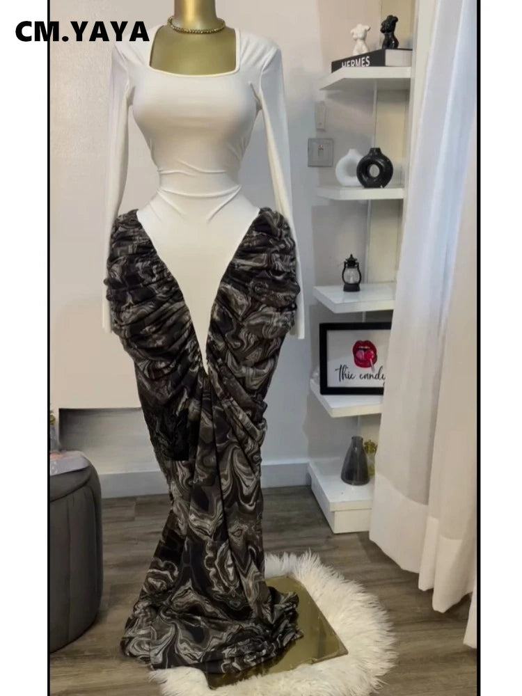 CM.YAYA Women Print Patchwork Stacked Ruched Sleeveless Bodycon Midi Maxi Long Dress 2025 Birthday Vacation Sexy Party Dresses