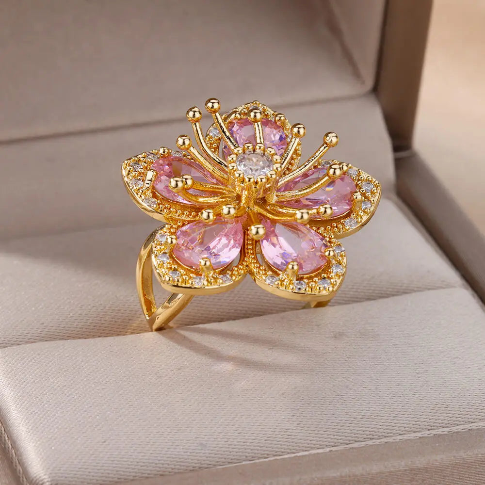 Colorful Zircon Flower Rings For Women Gold Color Stainless Steel Floral Ring Elegant Luxury Wedding Aesthetic Jewelry Gift