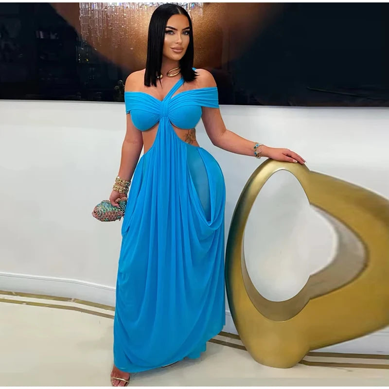 Sexy Beach Long Dress Women Hollow Out Backless Fold A Line Vestidos Female 2025 Summer Fashion Chic Solid High Waist Dresses