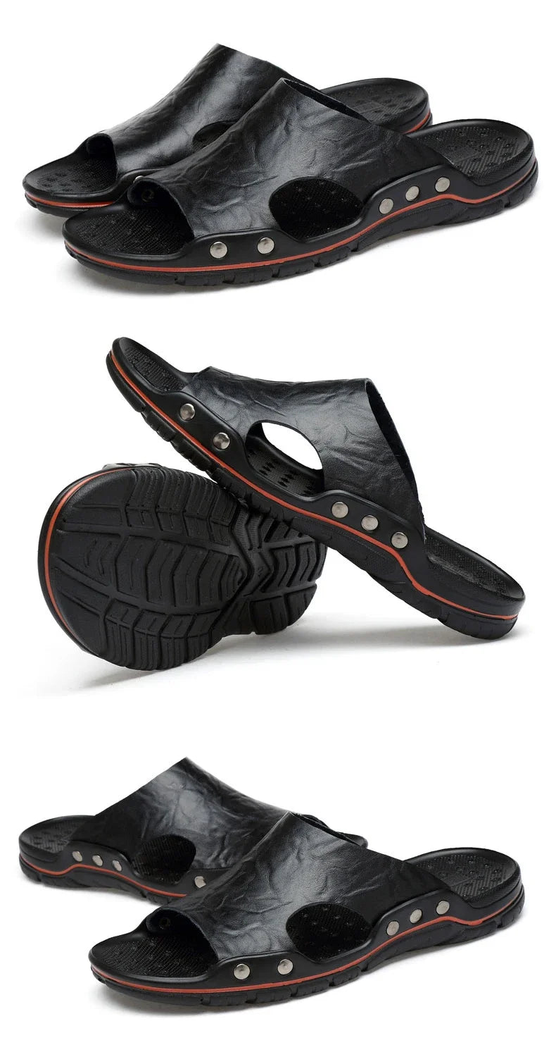 New Summer Slippers Men Sandals Soft Outdoor Slides High Quality Genuine Leather Comfortable Beach Sandals Outdoor Men Shoes