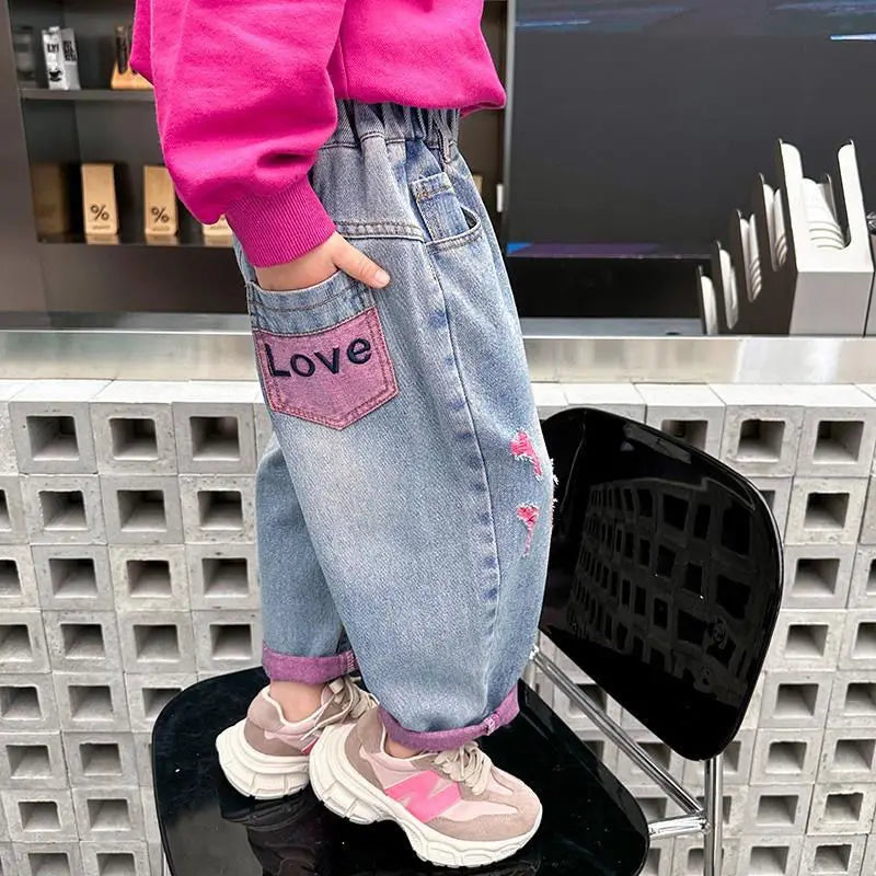 Girls Ripped Jeans Spring Autumn New Children Aging Denim Pants Fashion 2-10Y Kid's Straight Pants Cute Letter Trouser